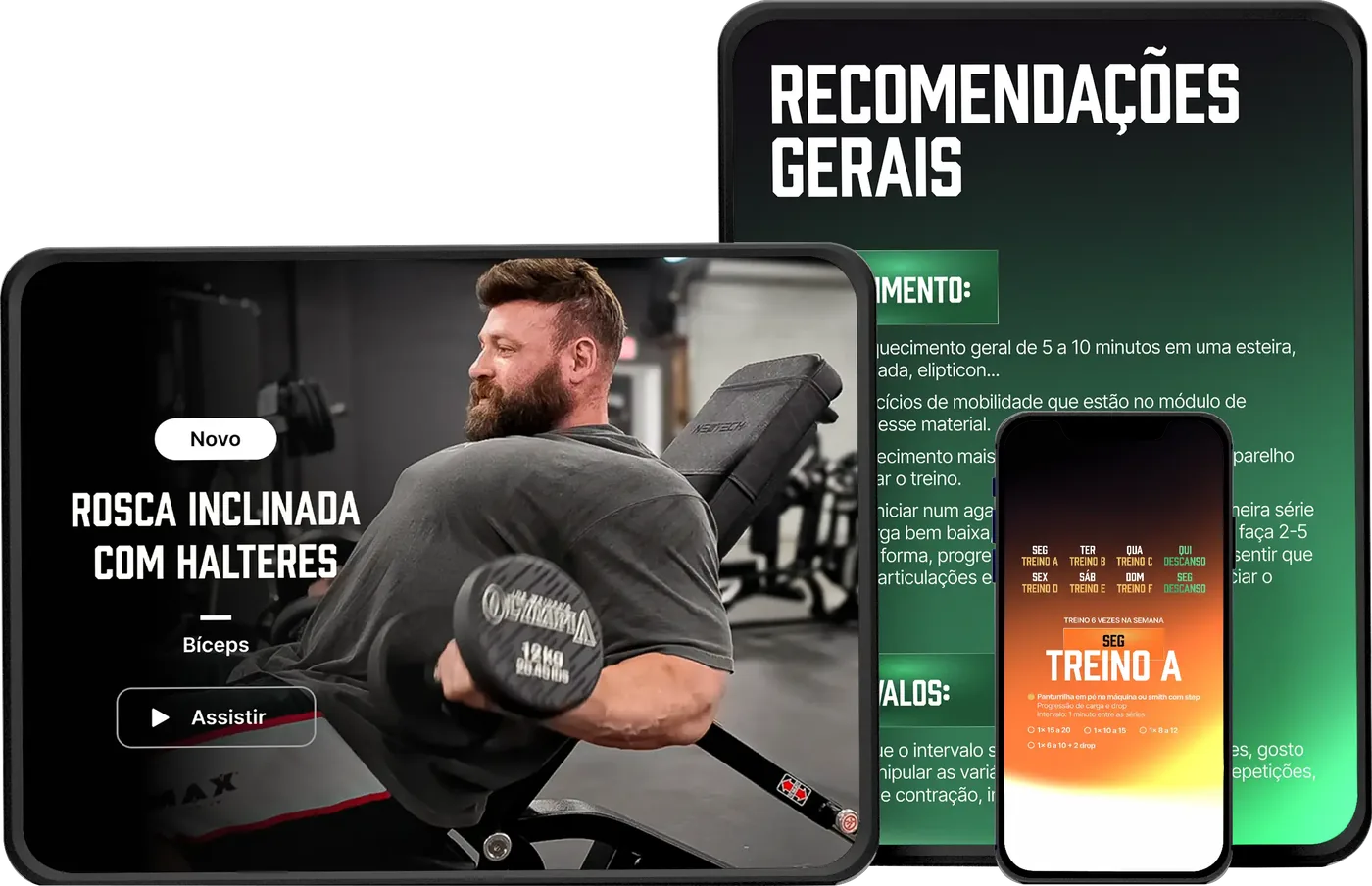 Área de membros do ADG 2.0 no tablet e no celular, com videoaula de execução e a tela do treino do dia