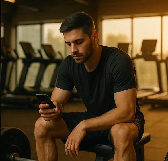 Homem sentado no banco da academia olhando o celular sem saber o que fazer